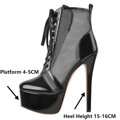 Onlymaker Women Platform Ankle Boots Black Lace Up Mesh 16CM Thin High Heel FashionSexy  Stiletto Female Boots