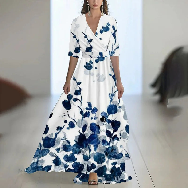 Abito bohémien patchwork con stampa floreale alla moda Donna Abiti lunghi sexy con scollo a V profondo Abiti lunghi larghi con maniche a sbuffo della nuova primavera
