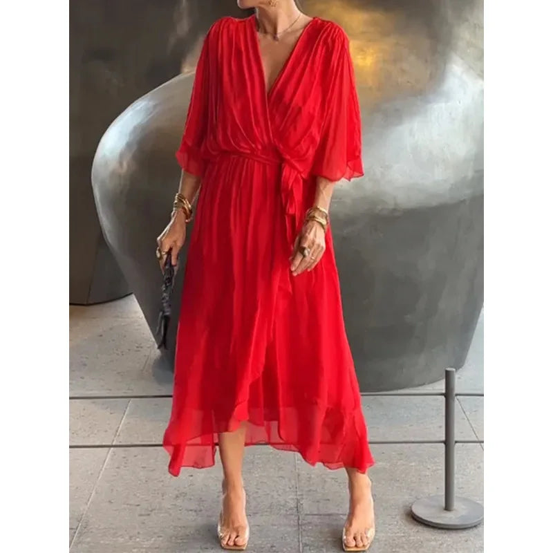 Abiti da festa eleganti in chiffon solido per le donne Sexy scollo a V maniche a pipistrello Lace Up Ruffles Abito lungo irregolare Abito casual Femme