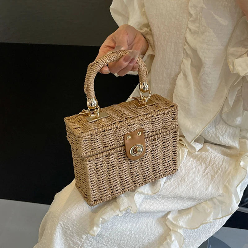 Borsa a tracolla in paglia di rattan Borsa a tracolla intrecciata a mano da donna Borsa a tracolla in paglia con scatola quadrata da spiaggia estiva per signora Bolsa Feminina