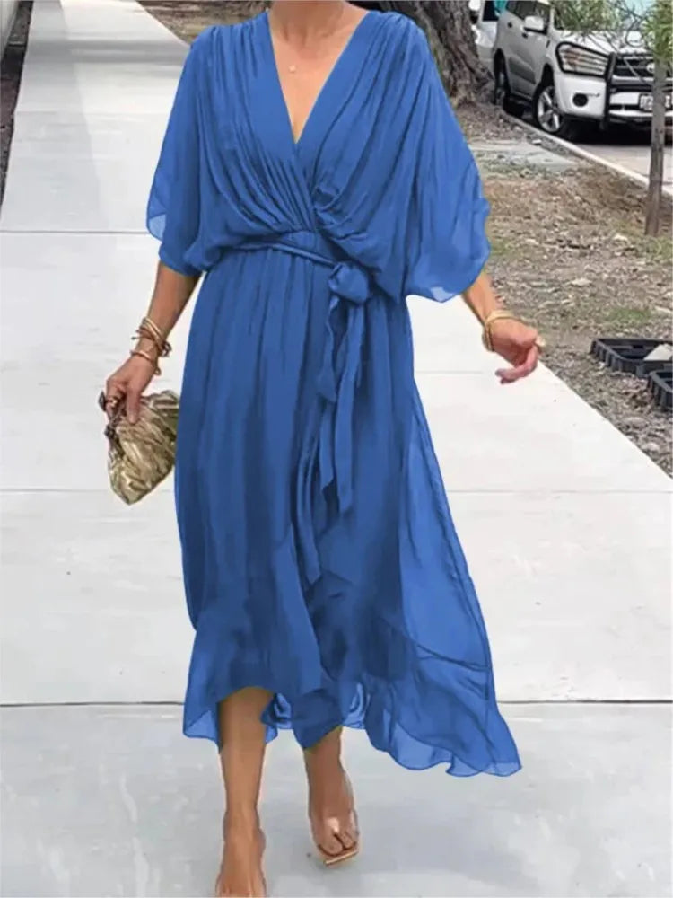 Abiti da festa eleganti in chiffon solido per le donne Sexy scollo a V maniche a pipistrello Lace Up Ruffles Abito lungo irregolare Abito casual Femme