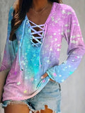 Fashion Women's Plus Size 1XL-5XL New Tie Dye Long Sleeve Strap V-Neck T-shirt Ladies Casual Loose Tops