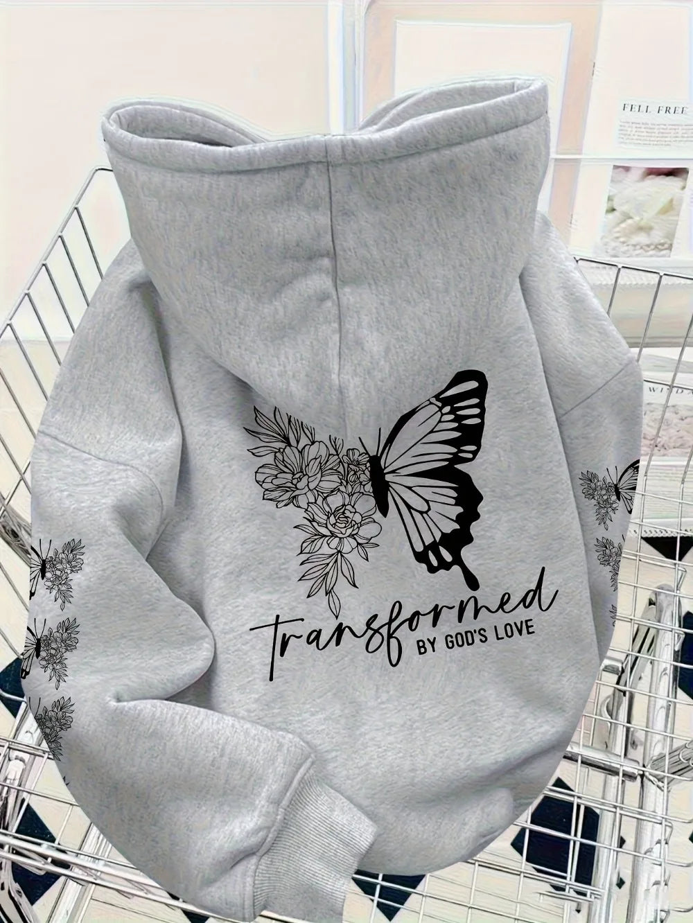 Felpa con cappuccio in peluche con motivo stampato della serie Butterfly, dallo stile alla moda, adatta per le stagioni autunnali e invernali, unisex.