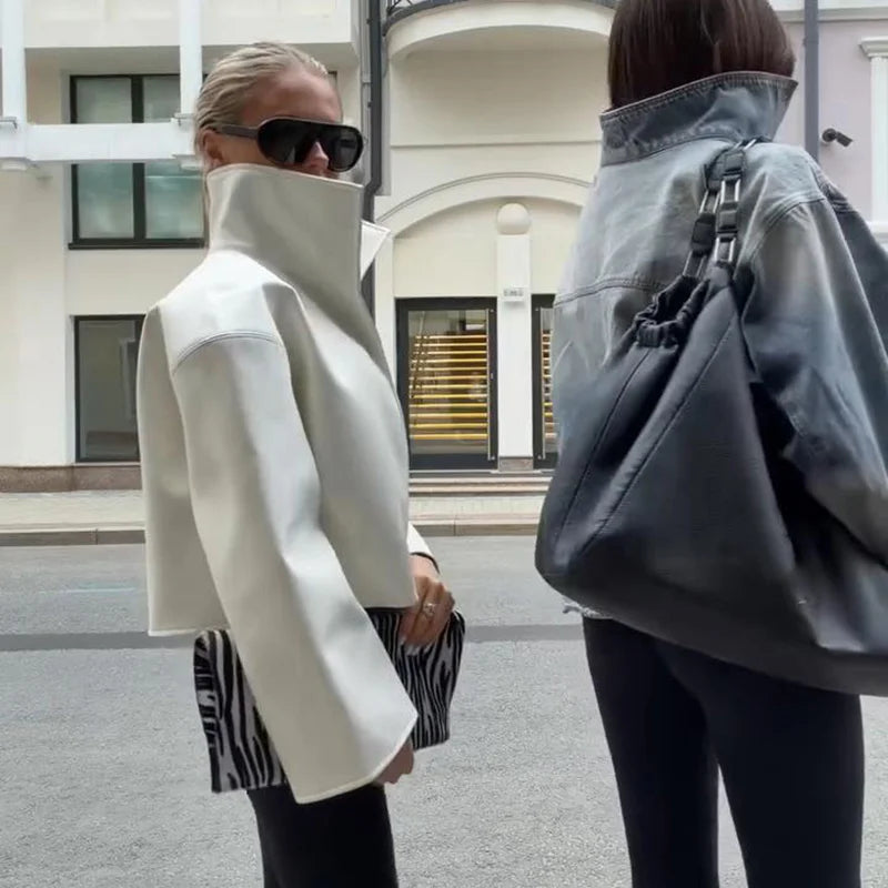 Cappotto da donna ampio a tinta unita, a maniche lunghe, con collo alto, top corto, moda estiva autunnale 2026, capospalla femminile streetwear