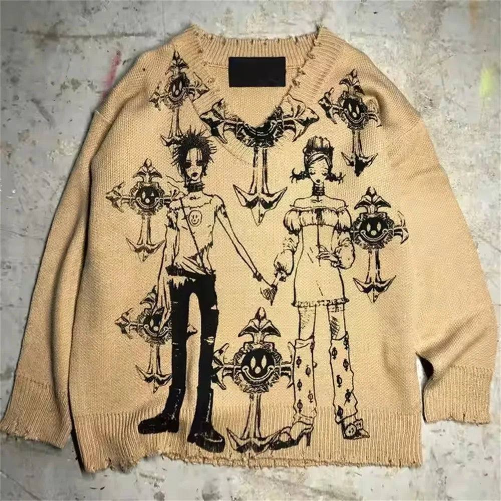 Autunno e inverno nuovo maglione lavorato a maglia retrò scuro American Street Trend Y2K maglione ampio con cappuccio girocollo