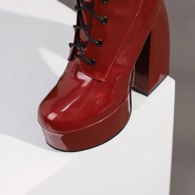 Sexy Lace Up Platform Long Boots Women Thick Gothic Heels High Knee Boot Winter Red Black Green Fetish Party Shoes Large Size 48