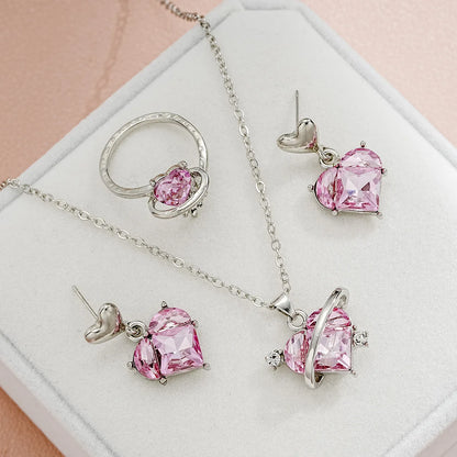 4 pezzi Love Pink Cristalli Orecchini dolci Collane e anelli Set di gioielli Leggero e versatile per le donne Regalo per la festa della mamma