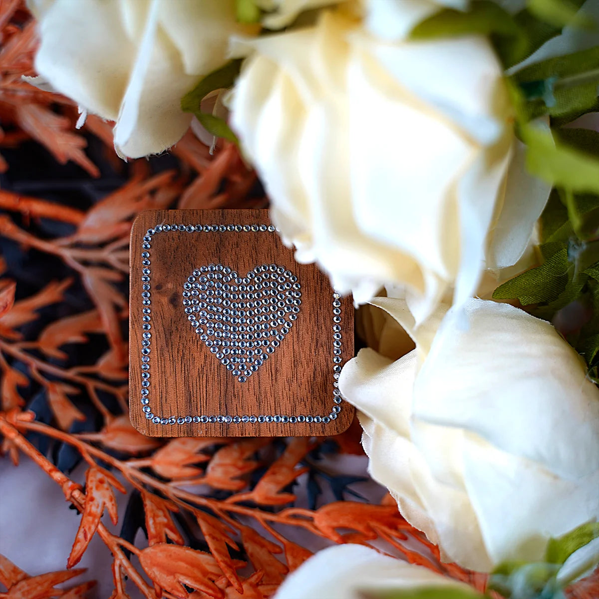 Portagioie con diamanti intarsiati, scatola per fedi nuziali in legno massello di noce, ricerca di matrimonio, anello di diamanti, regalo di San Valentino, gioielli