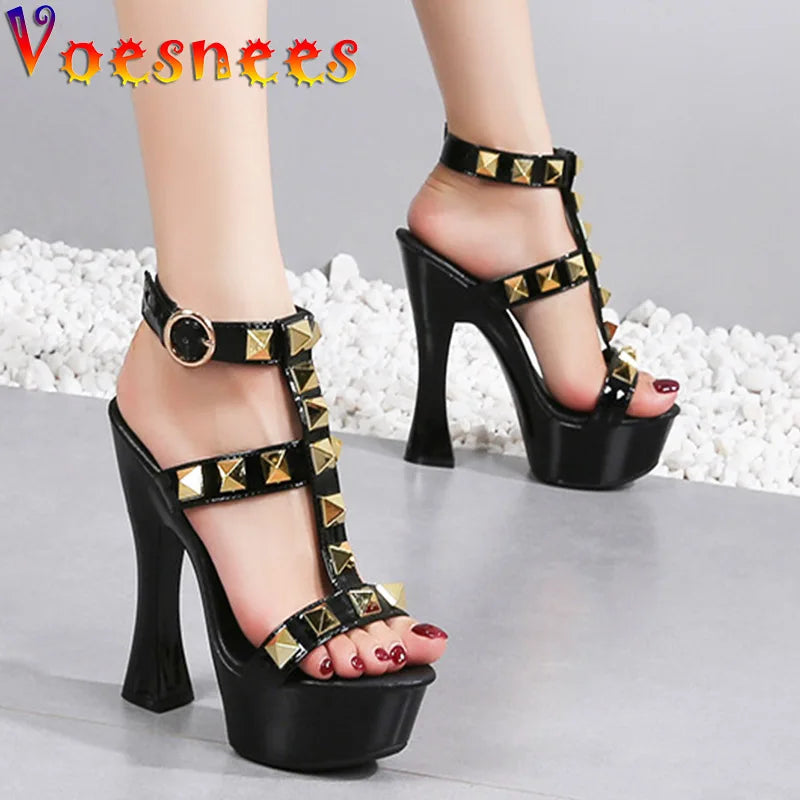 New Rivet Designer High Heels 2025 Fashion Thick Platform Club Women Pumps Sexy Summer Models Sandals White Black Red Woman Shoe