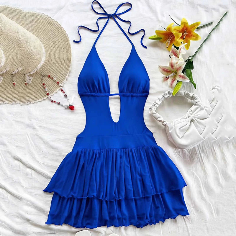 Sommer Sexy Rückenfreies Kleid Damen Mode Neckholder Schnürung A-Linie Rüschen Kleider Damen Tiefer V-Ausschnitt Urlaub Strandkleid