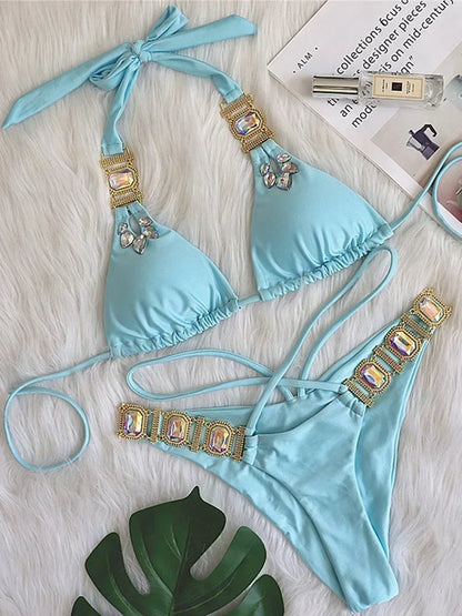 Maillot de bain bikini sexy dos nu en cristal diamant 2025 Femme Maillot de bain femme Maillot de bain brésilien Ensemble bikini deux pièces Maillot de bain triangle