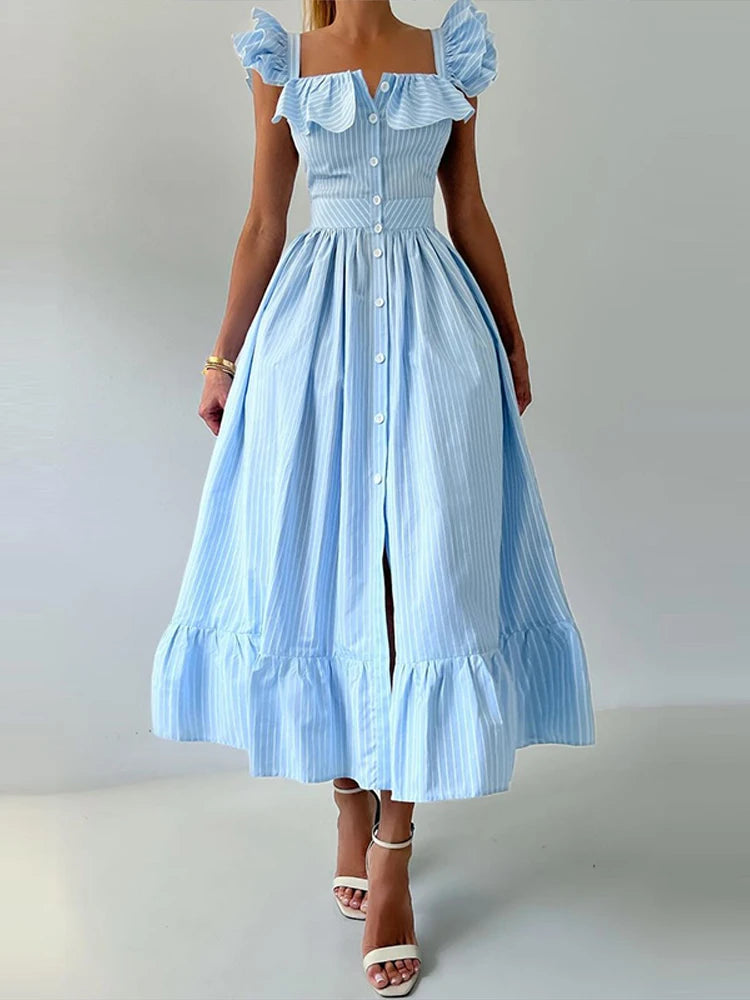 BKQU Abito lungo elegante con maniche volanti a righe con volant Abito lungo da donna chic con colletto quadrato sottile monopetto Abito lungo da festa estivo femminile