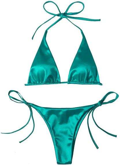 Sexy Halter Satin Brazilian Bikini Women Swimwear Female Swimsuit Two-pieces Bikini Set Bather Bathing Suit Swim Women Swimsuit