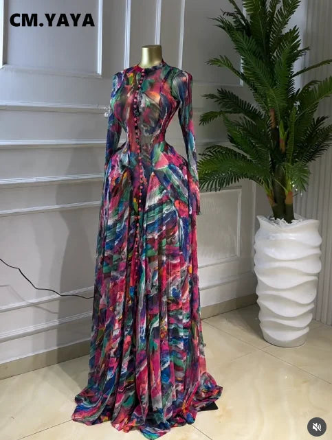 CM.YAYA Donne O-Collo Manica Lunga Grande Swing Tie Dye Stampa Abito Lungo 2026 Feste Sexy Vacanze Da Sera Maxi Abiti Abiti