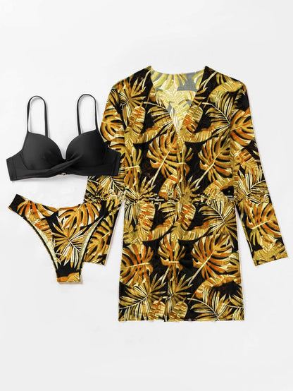 Bohemian Style Print Bikini Sets Women Fashion Sexy Spaghetti Strap Bikini Cardigan Three Piece Sets Beach Vacation Swimsuit