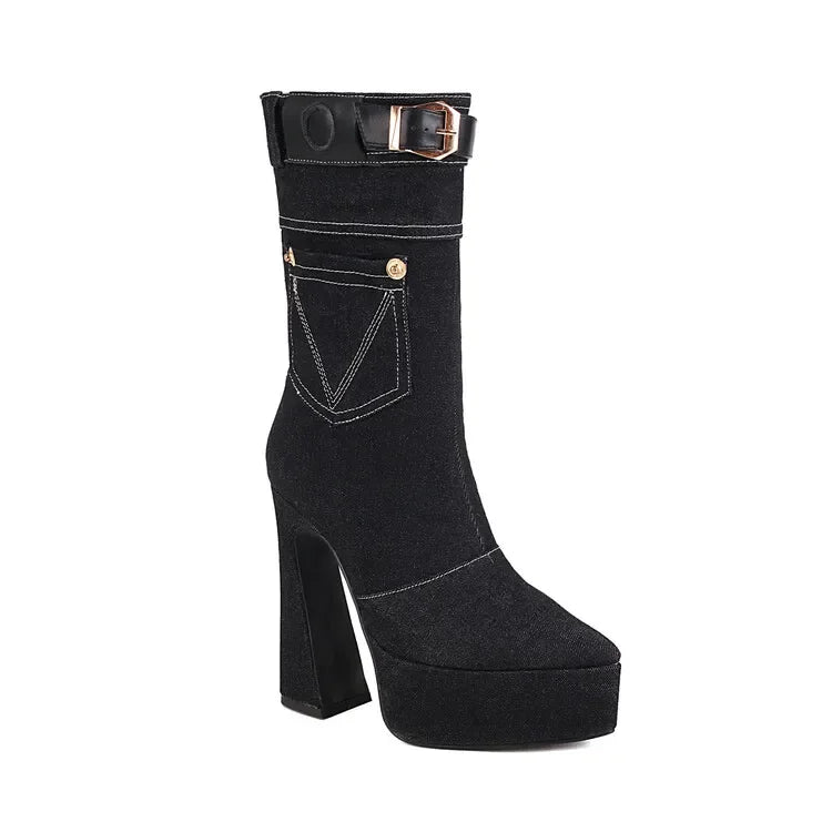 Denim Short Plush Boots Thick Bottom 15cm High Heel Pointed Elastic Size 34-45 Short Boots 2024 New Winter Women's Shoes