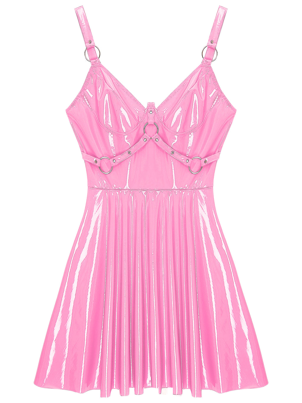 Abito sottoveste in pelle verniciata Sexy effetto bagnato da donna O-Ring rivetti con spalline scollo a V Punk gotico a-line Mini abiti Rave Party Clubwear