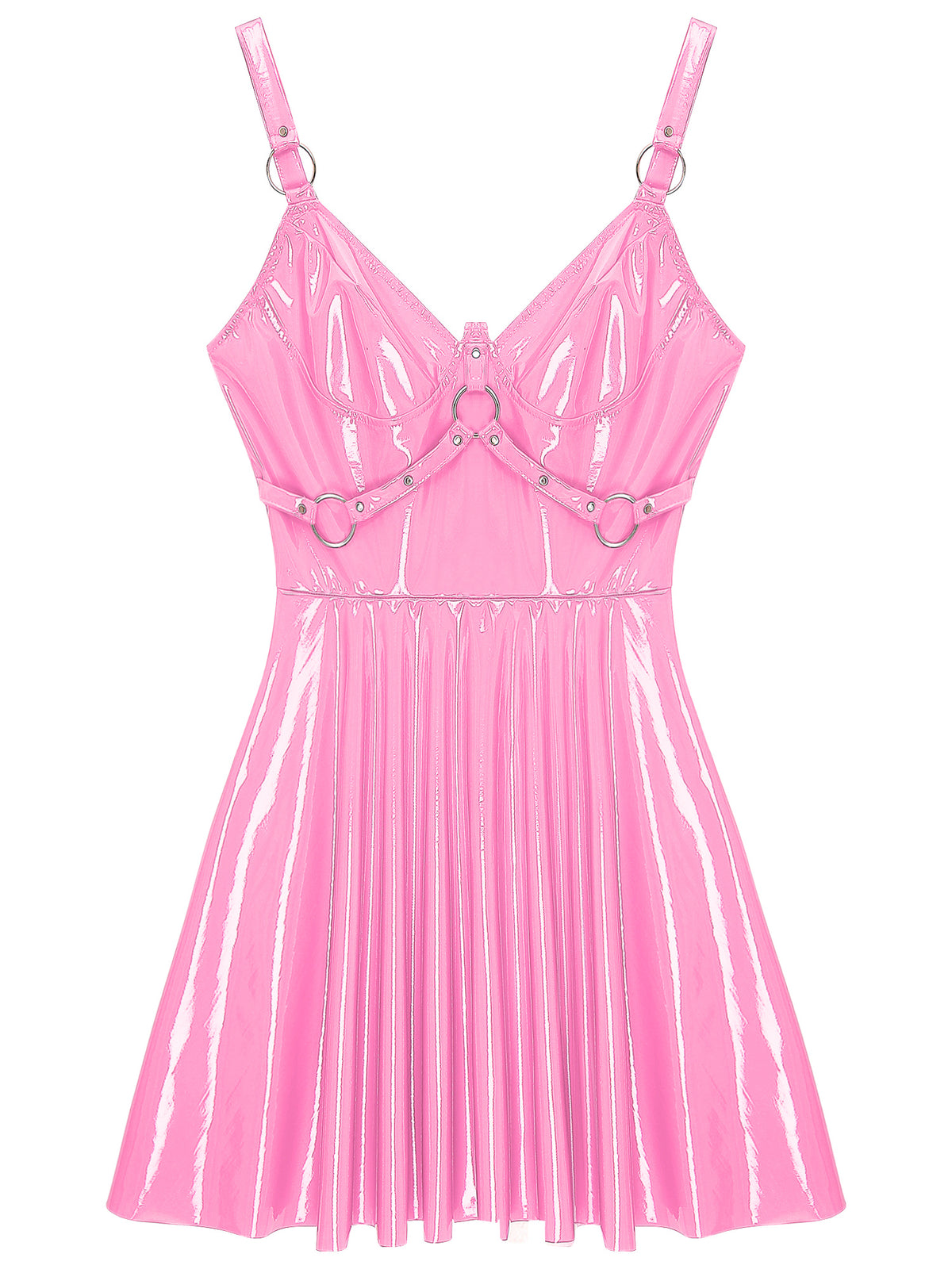 Abito sottoveste in pelle verniciata Sexy effetto bagnato da donna O-Ring rivetti con spalline scollo a V Punk gotico a-line Mini abiti Rave Party Clubwear