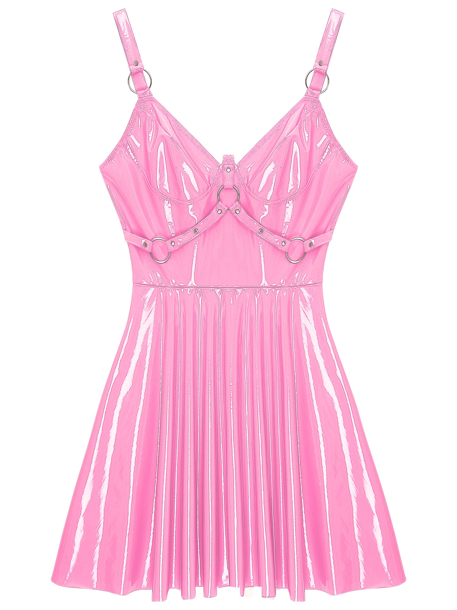 Abito sottoveste in pelle verniciata Sexy effetto bagnato da donna O-Ring rivetti con spalline scollo a V Punk gotico a-line Mini abiti Rave Party Clubwear