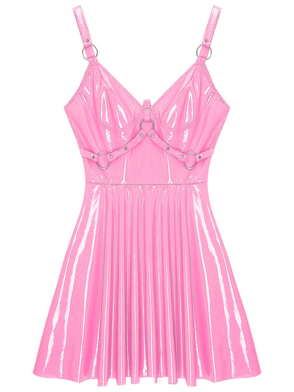 Abito sottoveste in pelle verniciata Sexy effetto bagnato da donna O-Ring rivetti con spalline scollo a V Punk gotico a-line Mini abiti Rave Party Clubwear