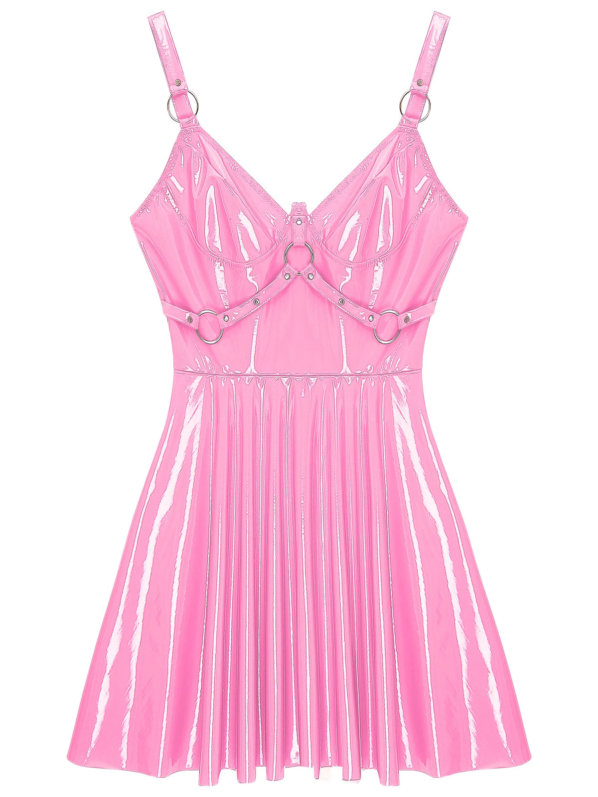 Abito sottoveste in pelle verniciata Sexy effetto bagnato da donna O-Ring rivetti con spalline scollo a V Punk gotico a-line Mini abiti Rave Party Clubwear