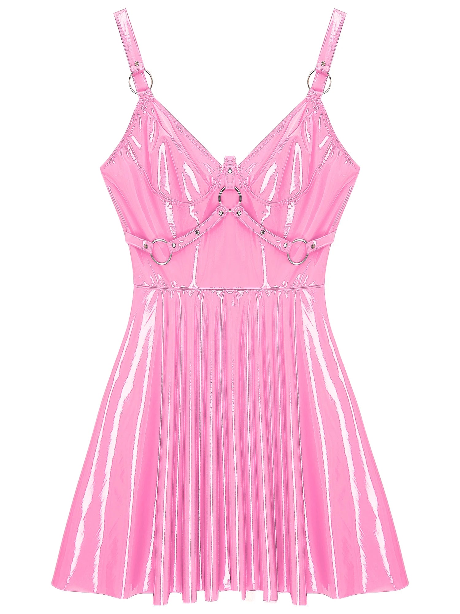 Abito sottoveste in pelle verniciata Sexy effetto bagnato da donna O-Ring rivetti con spalline scollo a V Punk gotico a-line Mini abiti Rave Party Clubwear