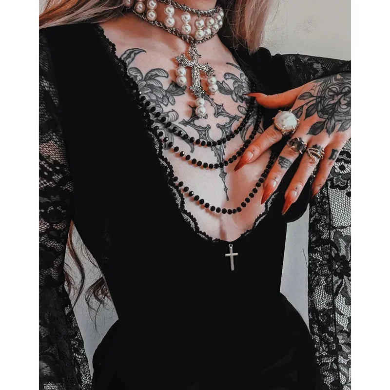 Y2K Goth floreale pizzo maglia manica svasata aderente abiti da festa sexy vintage elegante velluto nero con scollo a V abito lungo partywear