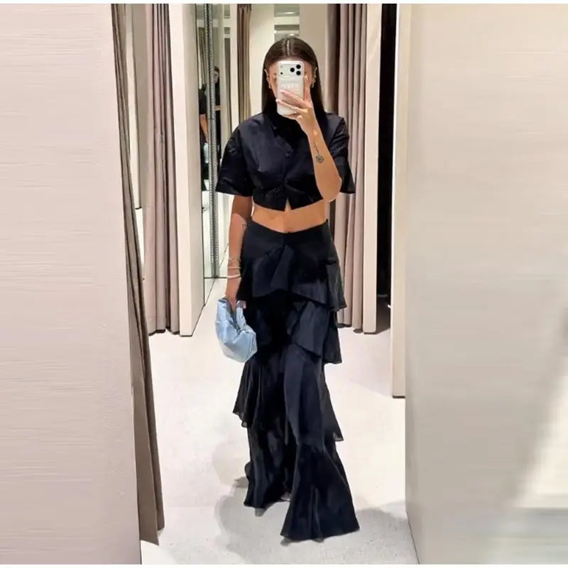Pantaloni a Balze a Strati Blu Navy alla Moda da Donna, a Vita Alta e Gamba Larga, Lunghi, Nuova Collezione 2026, Casual da Vacanza e Streetwear