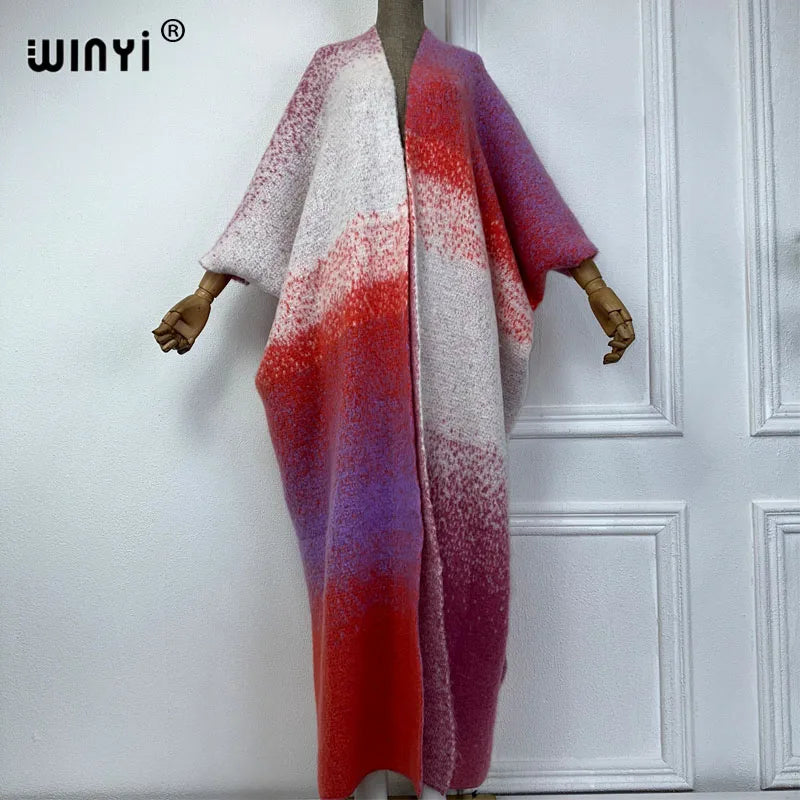 WINYI abiti invernali per le donne cappotto neutro in pelliccia di lusso spesso confortevole caldo cappotto con stampa graduale poncho lungo abito da festa in piuma