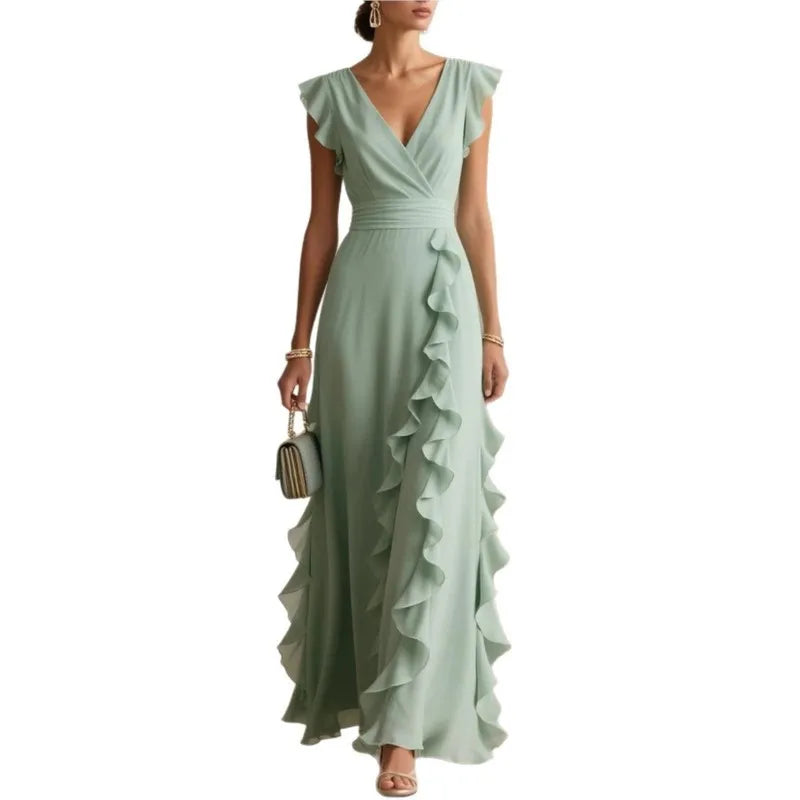 Abito lungo da donna elegante in tinta unita con volant senza maniche sexy con scollo a V Abiti lunghi da sera per feste da donna bohémien alla moda