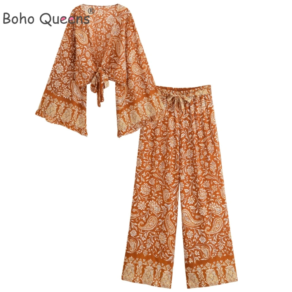 Boho Queens Donna Abiti con stampa floreale marrone Kimono Abito Abiti bohémien Pantaloni a gamba larga 2 pezzi Rayon Boho Set costume da bagno