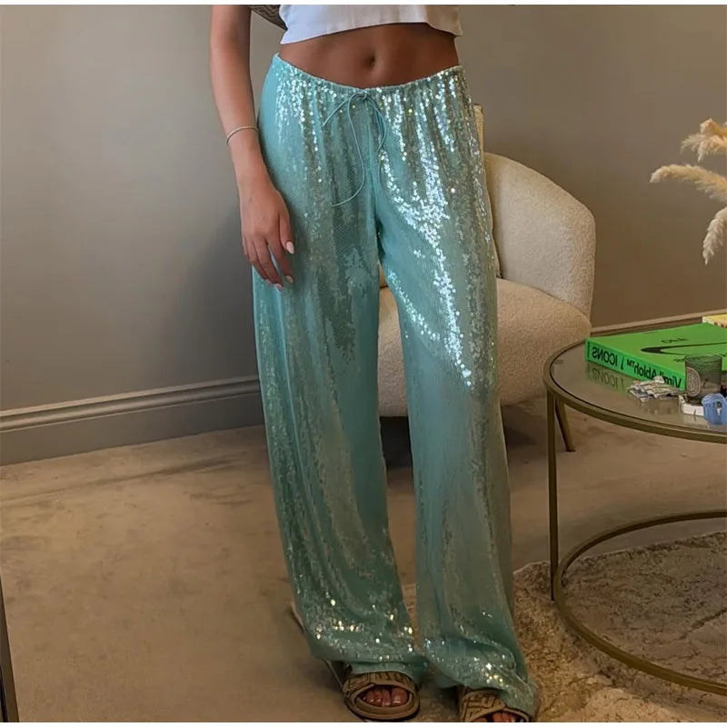 Pantaloni da donna trasparenti con perline alla moda Pantaloni elastici in vita a gamba larga Party Club Pantaloni marroni 2025 Primavera Estate Lady Capispalla larghi