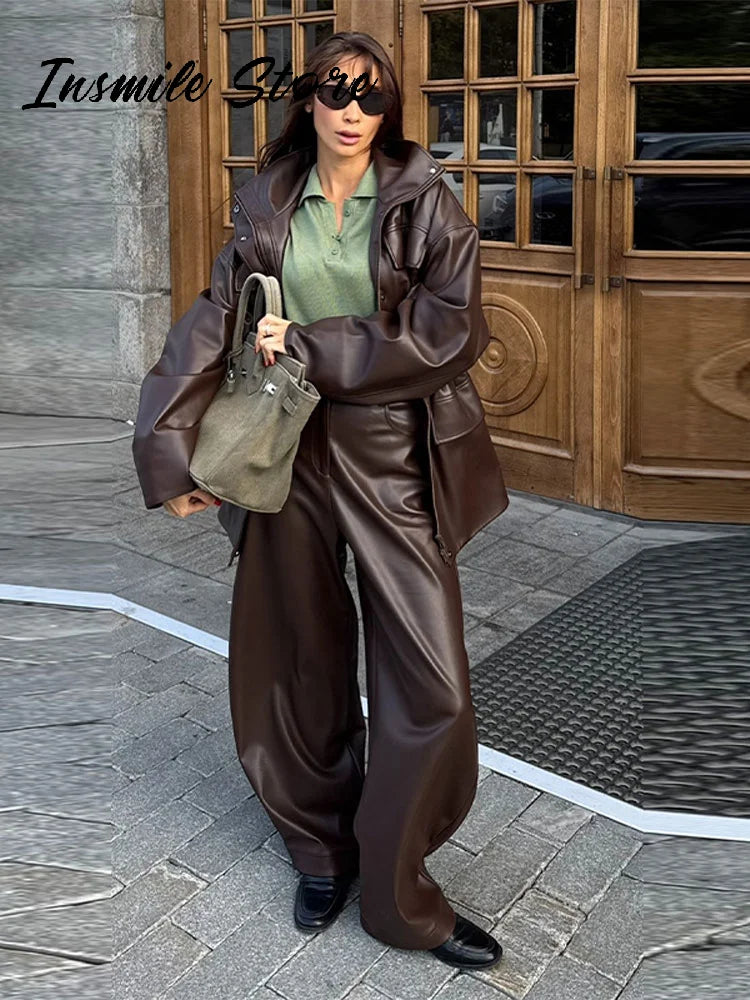 Giacca in Pelle da Donna con Cintura in Vita, Collo Alto, Tasche con Zip, Stile Vintage, Moda Streetwear 2026