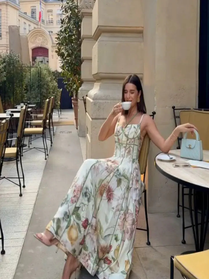Elegante Abito Lungo da Donna Senza Maniche con Stampa Chic, Vestito Maxi a Trapezio con Cintura in Vita, Collezione Estate 2026, per Vacanze e Streetwear