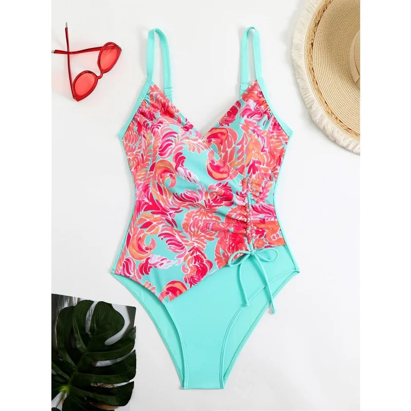 Printing V Neck Swimming Suit for Women Fashion Slim Side Drawstring Bathing Suit Bodysuit Female One Piece Swimsuit Beachwear