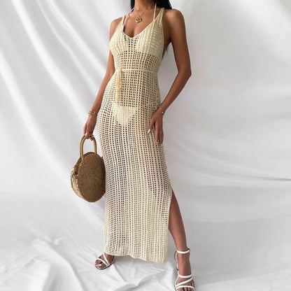New Women's Sexy Knitted Midi Dresses Summer Elegant Beachwear Hollow Out Fishnet Bikini Cover-ups Vacation Long Dress for Girls