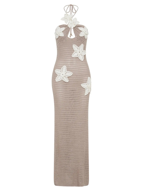 Abito lungo in maglia Abiti da festa estivi con fiori 3D da donna Copricostume elegante slim diviso maxi abiti da spiaggia per le vacanze