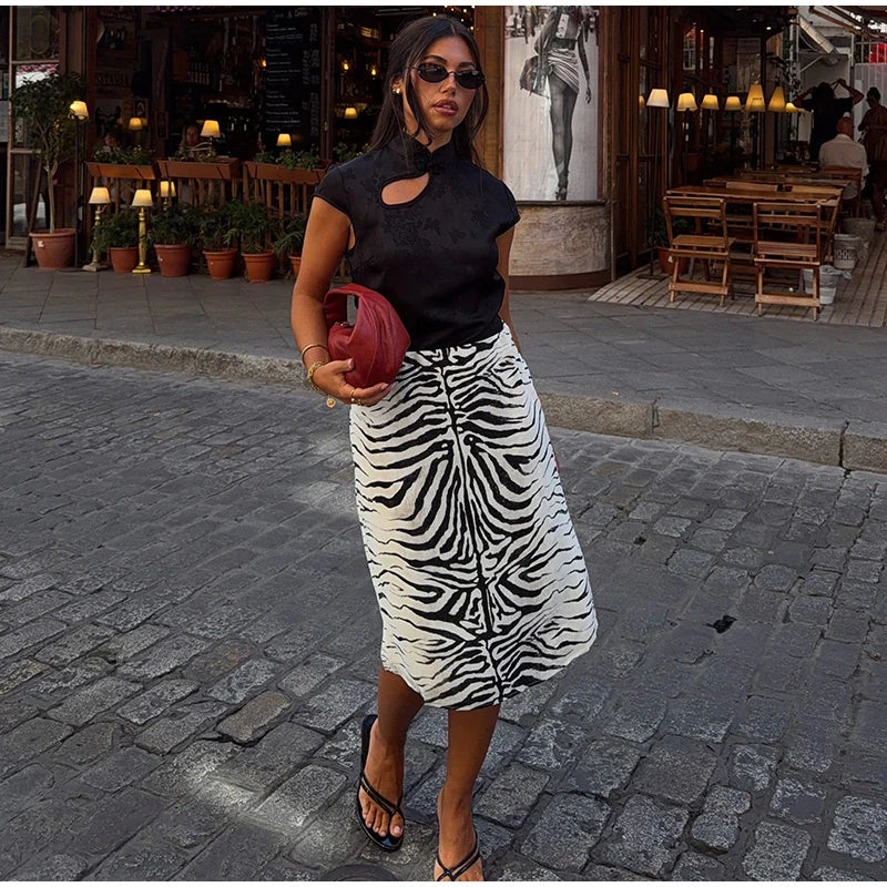 Gonna midi a righe zebrate da donna, a vita alta, dritta, elegante, aderente, casual, lunga, 2026, outfit moda street estivo e autunnale