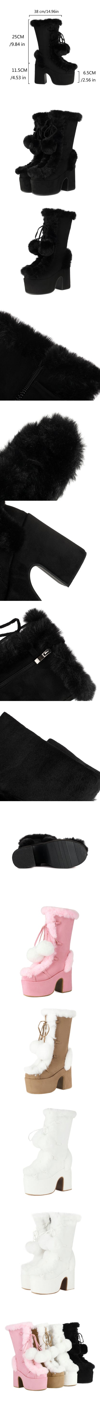 Big Size 46 Winter y2k Pink Knee High Boots Women White Chunky Platform Boots Gothic Black Faux Fur Block High Heels Boots Shoe