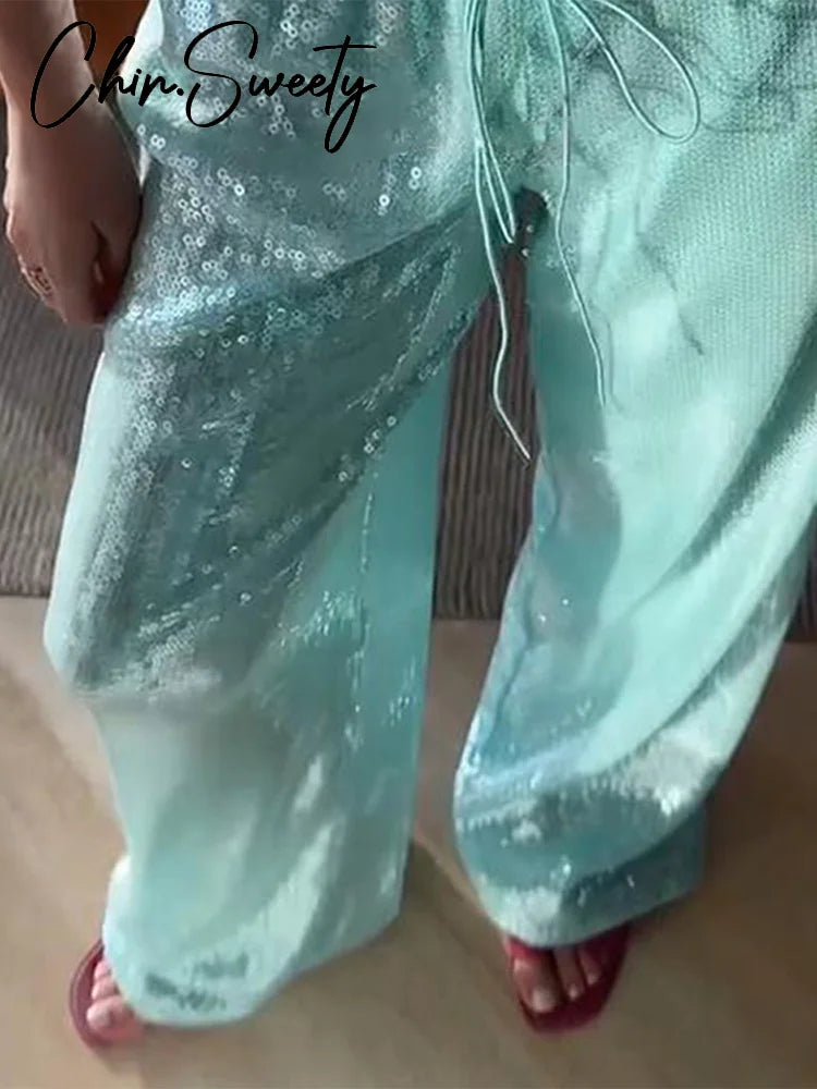 Pantaloni da donna trasparenti con perline alla moda Pantaloni elastici in vita a gamba larga Party Club Pantaloni marroni 2025 Primavera Estate Lady Capispalla larghi