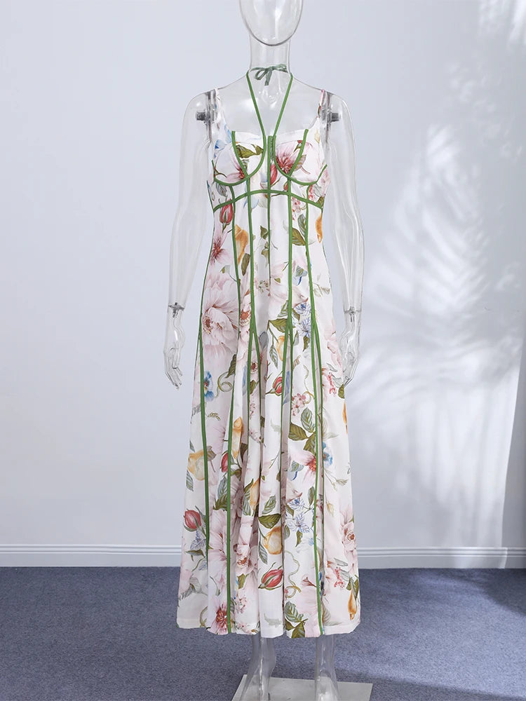 Elegante Abito Midi Stampato da Donna con Collo a O, Maniche Corte a Sbuffo, Vita Alta e Pieghe - Vestito Femminile Chic Nuovo 2026 per Matrimoni