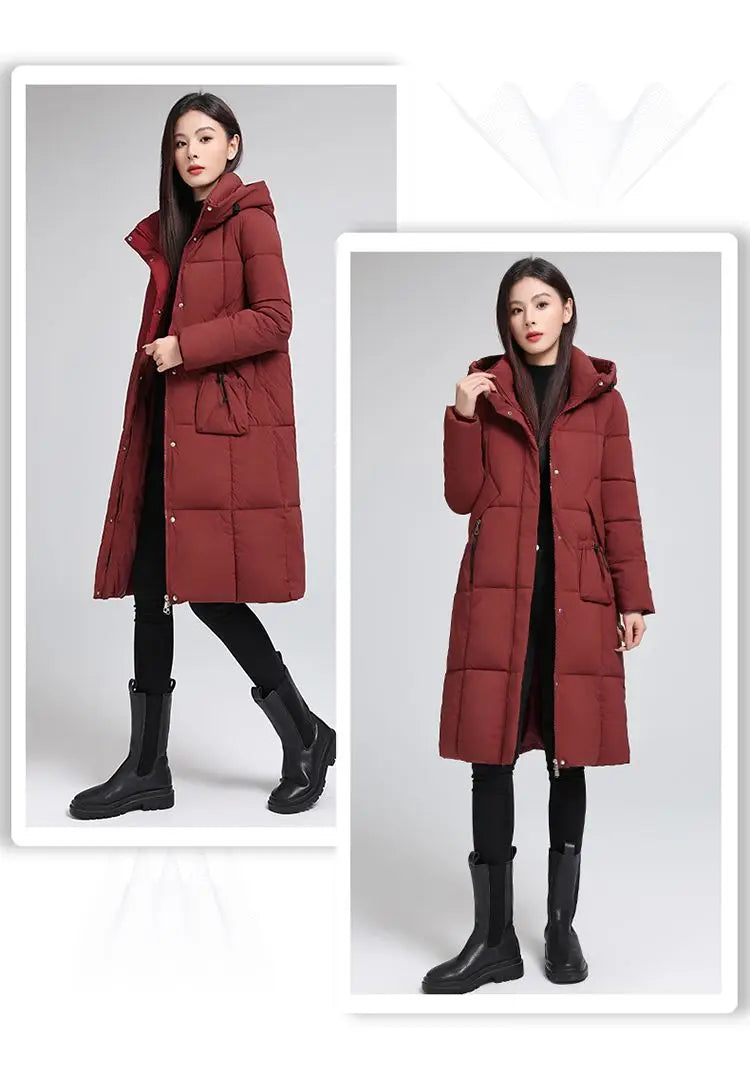 Caldo piumino in cotone da donna Inverno 2025 Nuova versione coreana Cappotto lungo con cappuccio allentato Cappotto Parka spesso antivento femminile
