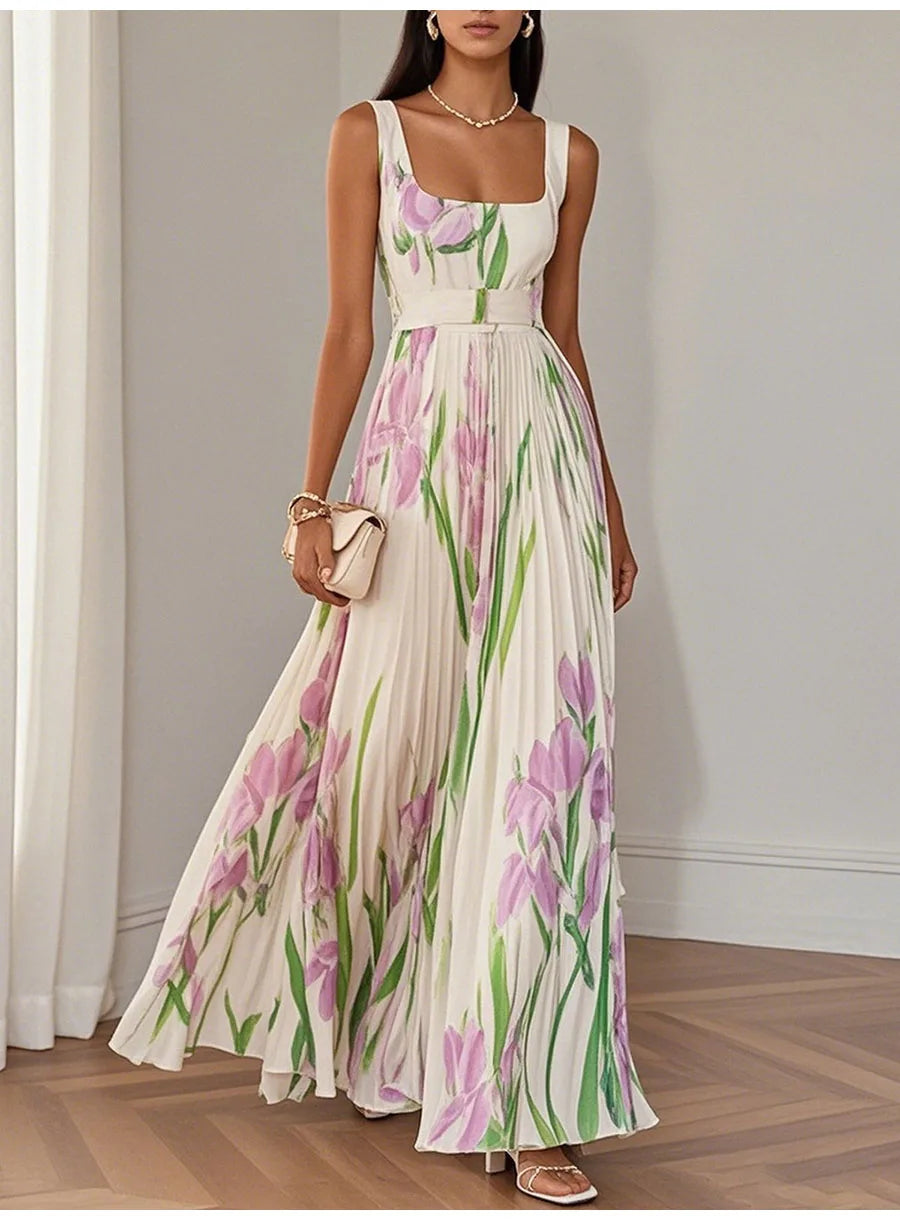 Abito lungo sexy con stampa floreale Donna Estate 2025 Abiti maxi con cinturino senza maniche alla moda eleganti