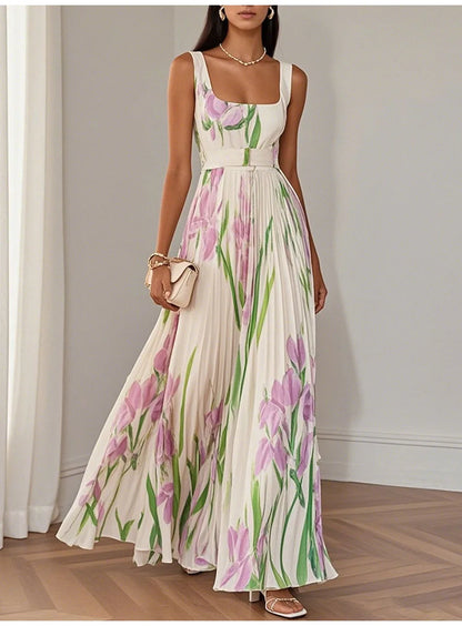 Abito lungo sexy con stampa floreale Donna Estate 2025 Abiti maxi con cinturino senza maniche alla moda eleganti