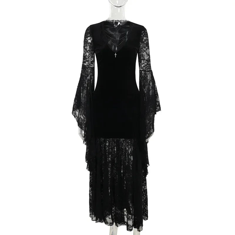 Y2K Goth floreale pizzo maglia manica svasata aderente abiti da festa sexy vintage elegante velluto nero con scollo a V abito lungo partywear