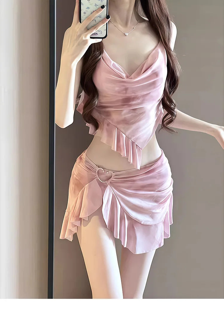 Nuovo stile coreano bikini set donna rosa sfumato volant push up gonna a rete costume da bagno 3 pezzi costume da bagno estivo costumi da bagno per le vacanze