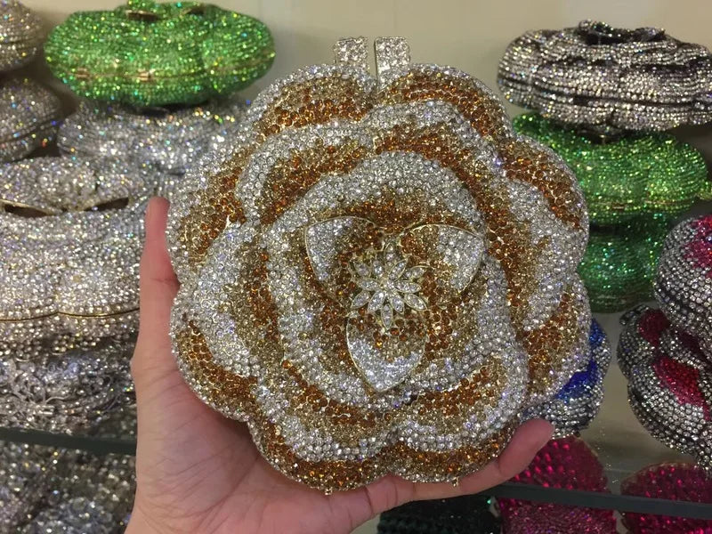Pochette da sera con strass rosa/verde con fiore rosa Borse da sera da donna in cristallo giallo floreale Pochette da sposa per festa di nozze