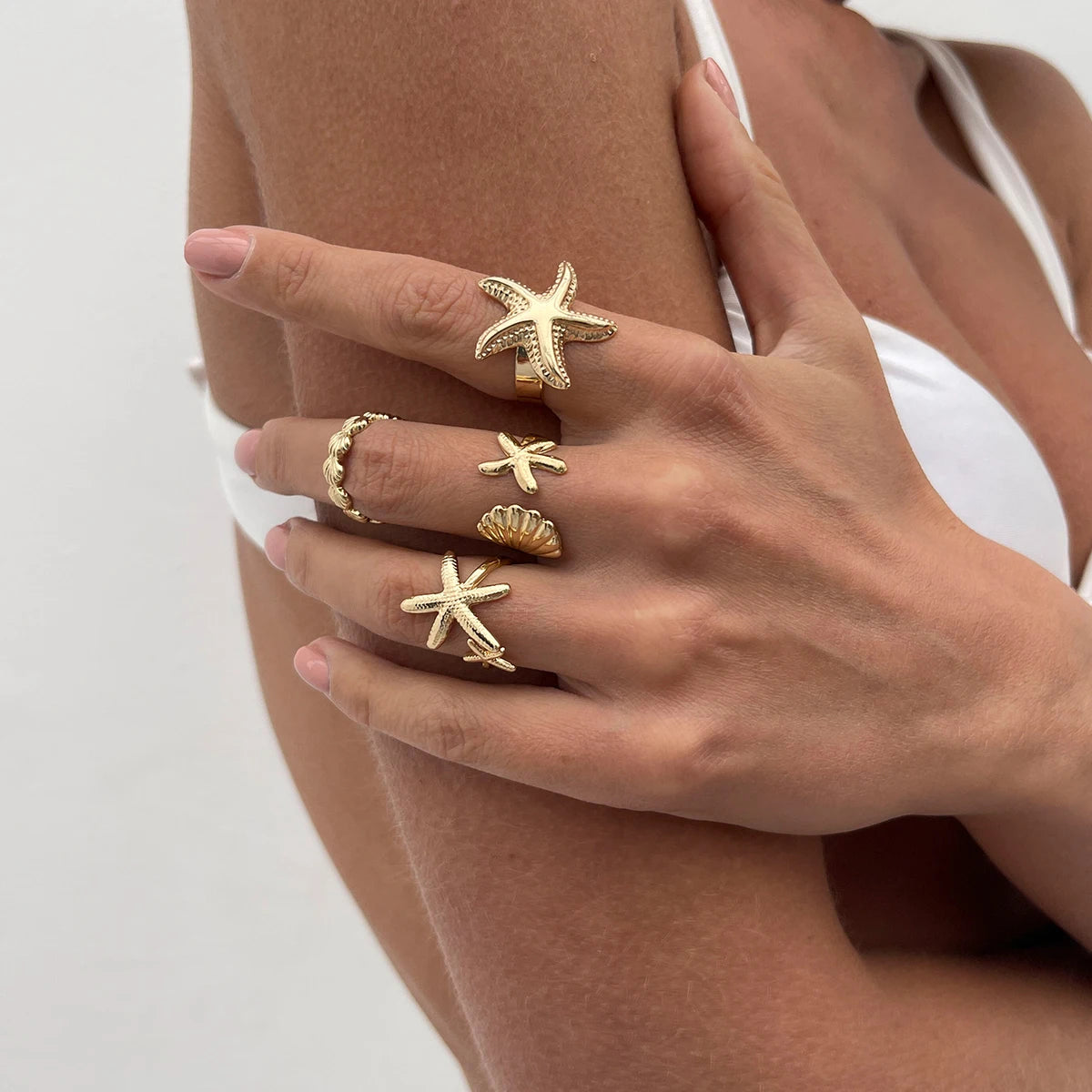 SHIXIN 4 pz/set Starfish capesante anelli aperti regolabili per le donne anello geometrico alla moda Color oro accessorio per gioielli da spiaggia estiva