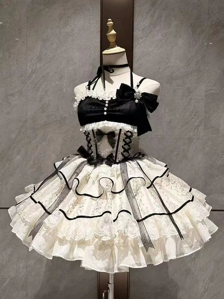 Sweet Lolita Y2k Mini abiti da donna patchwork in pizzo manica corta fasciatura elegante abito da festa corto vintage francese estivo femminile