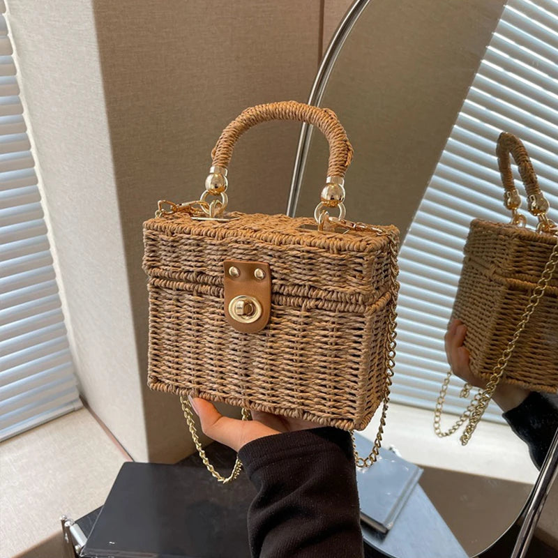 Borsa a tracolla in paglia di rattan Borsa a tracolla intrecciata a mano da donna Borsa a tracolla in paglia con scatola quadrata da spiaggia estiva per signora Bolsa Feminina